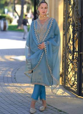 Ethnic motifs embroidered sequinned straight kurta with trousers &  dupatta 1