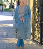 Ethnic motifs embroidered sequinned straight kurta with trousers &  dupatta