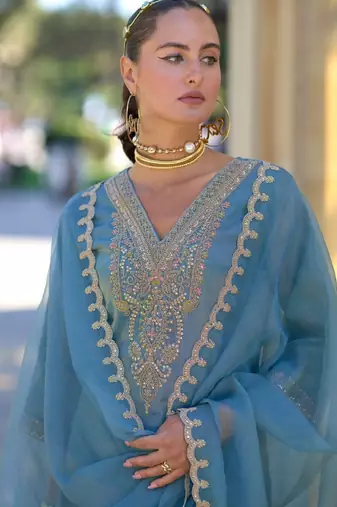 Ethnic motifs embroidered sequinned straight kurta with trousers &  dupatta