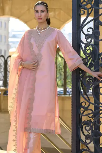 Ethnic motifs embroidered zari straight kurta with trousers & dupatta