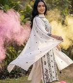 Floral embroidered thread work kurta with trousers & dupatta