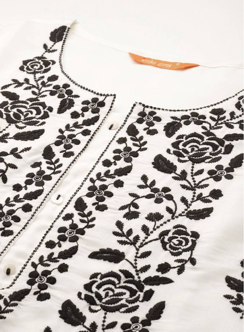 Floral embroidered thread work kurta with trousers & dupatta