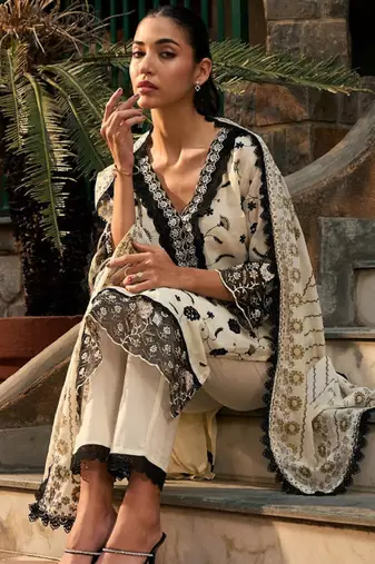 Floral embroidered regular thread work pure cotton kurta with trousers & dupatta