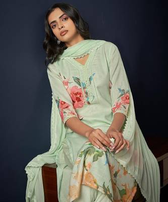 Floral printed regular linen straight kurta with trousers & dupatta 1