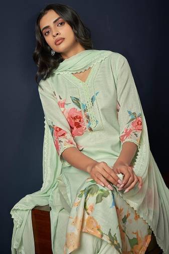 Floral printed regular linen straight kurta with trousers & dupatta