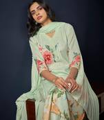 Floral printed regular linen straight kurta with trousers & dupatta