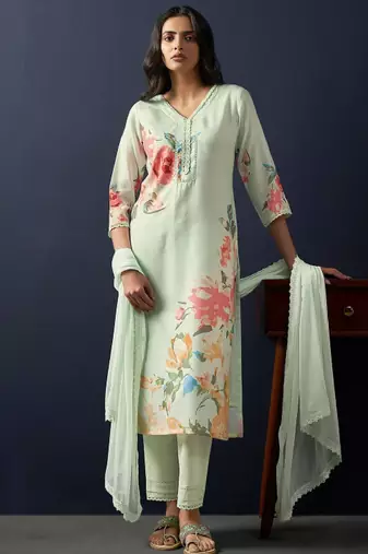 Floral printed regular linen straight kurta with trousers & dupatta