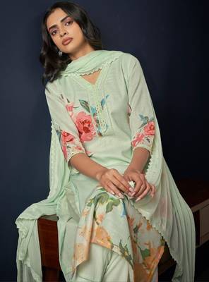 Floral printed regular linen straight kurta with trousers & dupatta 3