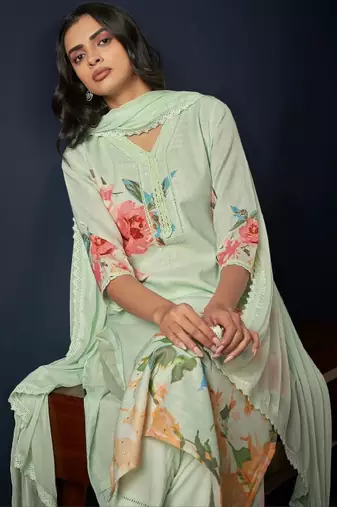 Floral printed regular linen straight kurta with trousers & dupatta