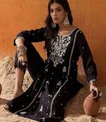 Black floral embroidered notch neck straight kurta