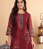 Floral printed sequinned chanderi silk straight kurta with trousers & dupatta