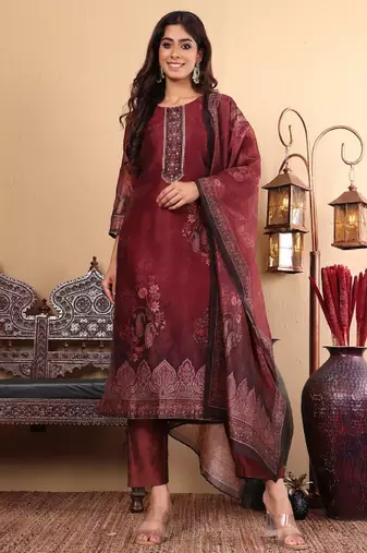 Floral printed sequinned chanderi silk straight kurta with trousers & dupatta