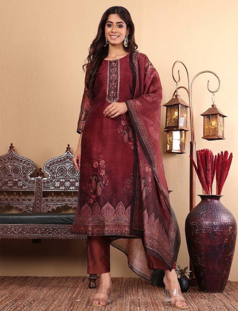 Floral printed sequinned chanderi silk straight kurta with trousers & dupatta