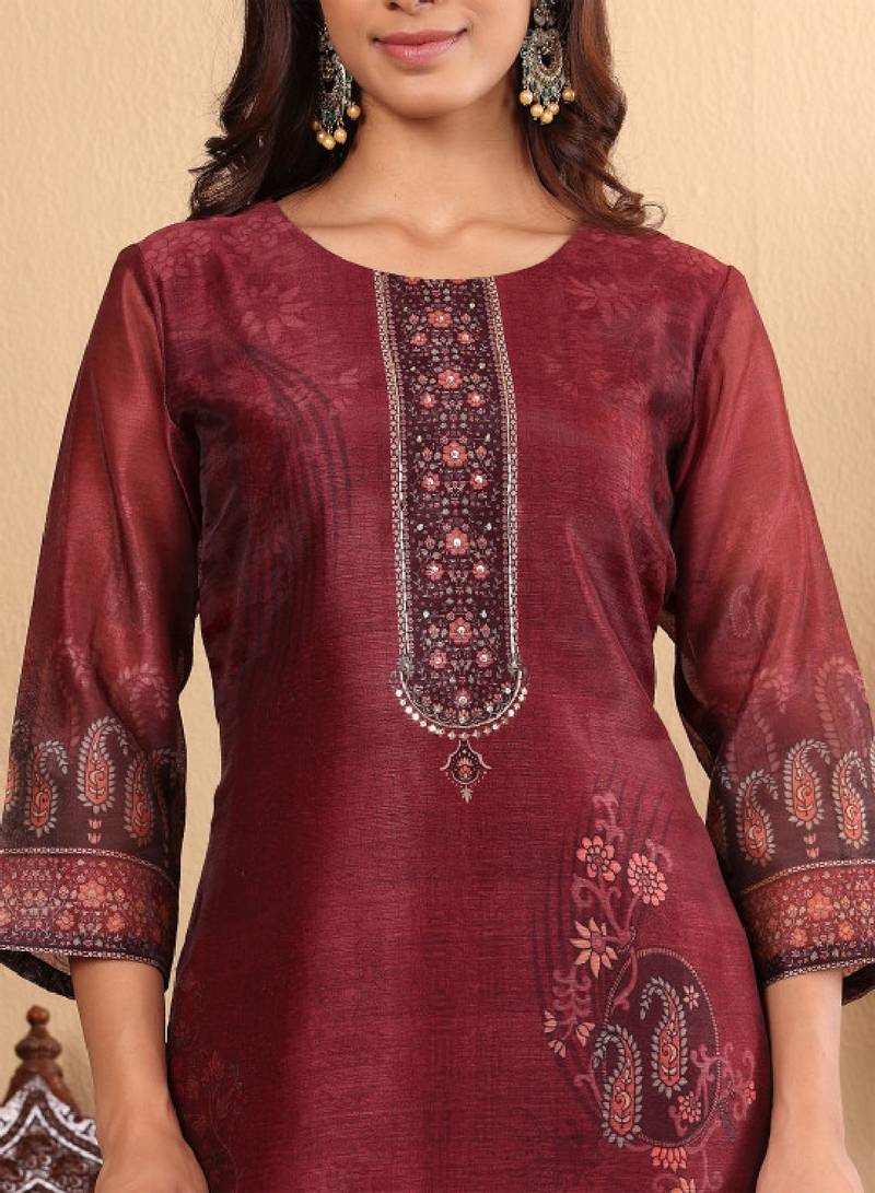 Floral printed sequinned chanderi silk straight kurta with trousers & dupatta