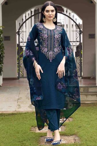 Floral embroidered v-neck straight kurta with trousers & dupatta