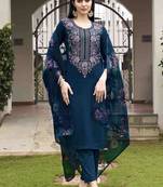 Floral embroidered v-neck straight kurta with trousers & dupatta