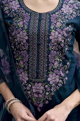 Floral embroidered v-neck straight kurta with trousers & dupatta