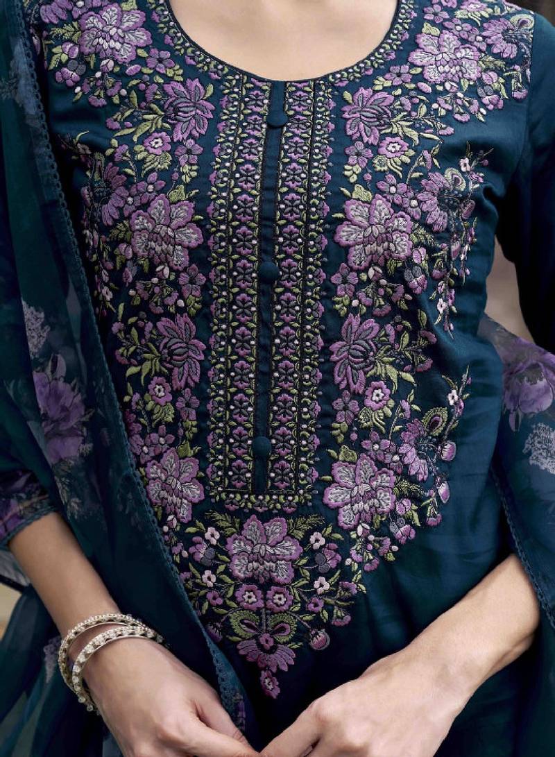 Floral embroidered v-neck straight kurta with trousers & dupatta