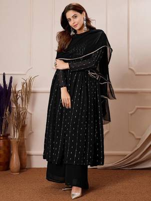 Women's black georgette foil printed anarkali kurta with palazzo set 1