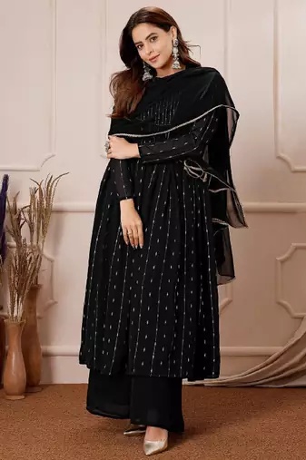 Women's black georgette foil printed anarkali kurta with palazzo set