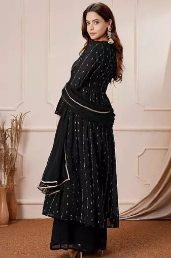 Women's black georgette foil printed anarkali kurta with palazzo set