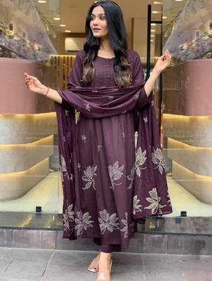 Floral printed round neck anarkali kurta with trousers & dupatta 1
