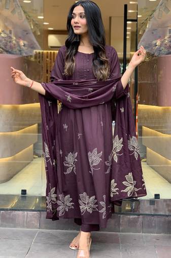 Floral printed round neck anarkali kurta with trousers & dupatta
