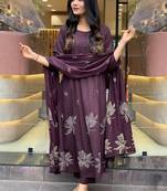 Floral printed round neck anarkali kurta with trousers & dupatta
