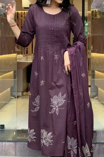 Floral printed round neck anarkali kurta with trousers & dupatta