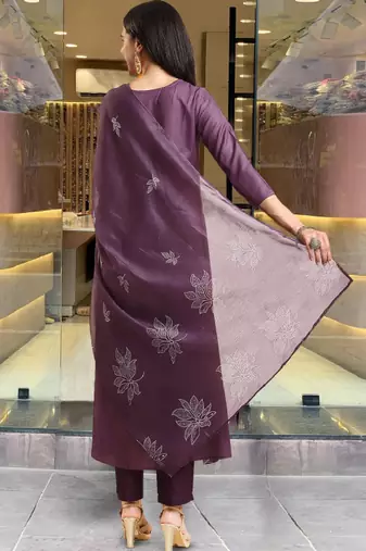 Floral printed round neck anarkali kurta with trousers & dupatta