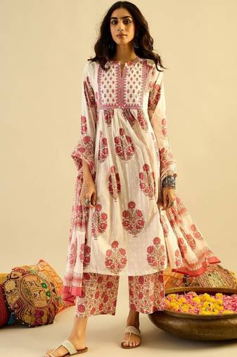 Ethnic motifs embroidered anarkali pure cotton kurta with palazzos & with dupatta