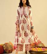 Ethnic motifs embroidered anarkali pure cotton kurta with palazzos & with dupatta