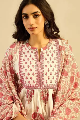 Ethnic motifs embroidered anarkali pure cotton kurta with palazzos & with dupatta