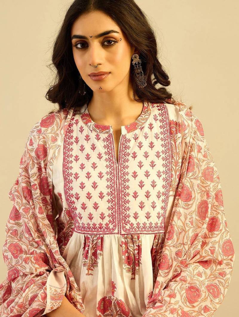 Ethnic motifs embroidered anarkali pure cotton kurta with palazzos & with dupatta