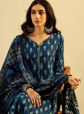 Teal blue ethnic motifs printed pure cotton kurta with trouser & dupatta 2