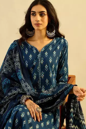 Teal blue ethnic motifs printed pure cotton kurta with trouser & dupatta