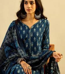 Teal blue ethnic motifs printed pure cotton kurta with trouser & dupatta