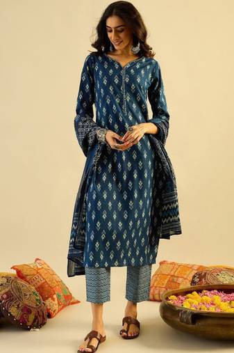 Teal blue ethnic motifs printed pure cotton kurta with trouser & dupatta