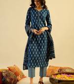 Teal blue ethnic motifs printed pure cotton kurta with trouser & dupatta