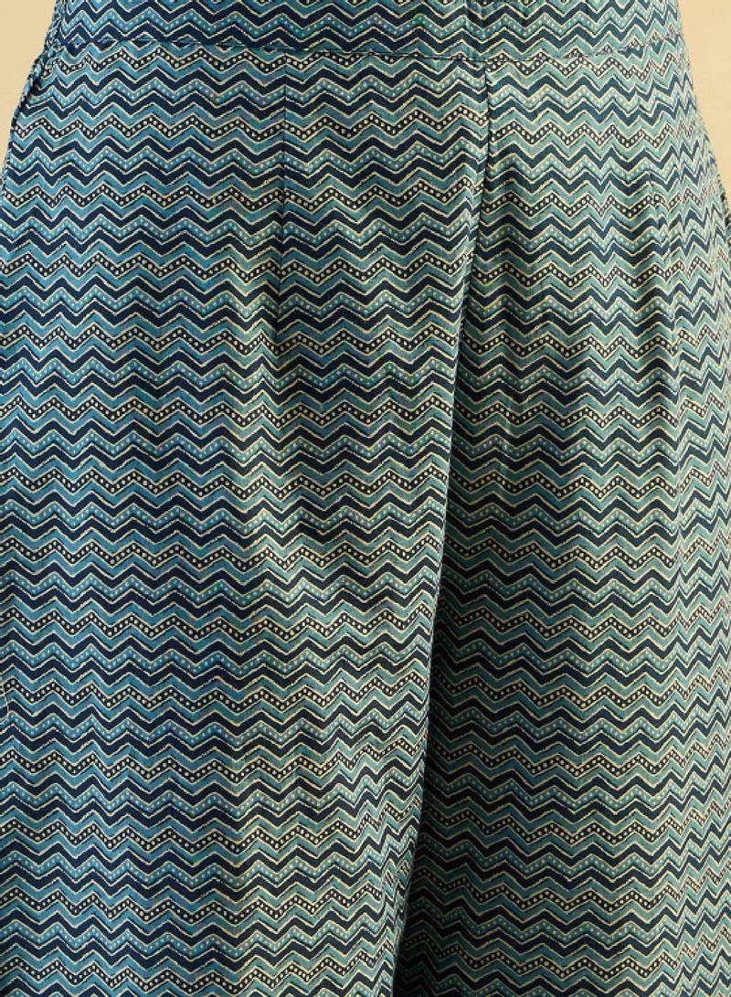Teal blue ethnic motifs printed pure cotton kurta with trouser & dupatta