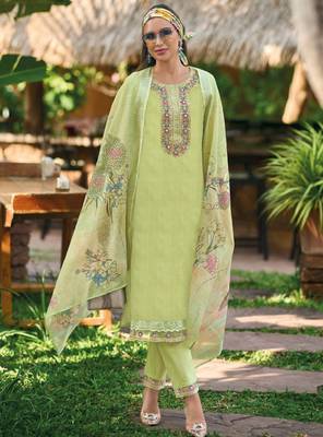Floral embroidered pure cotton straight kurta with trousers & dupatta 2