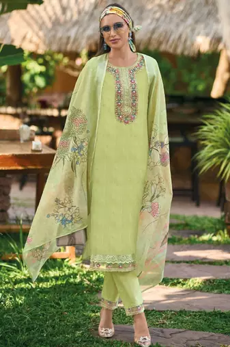Floral embroidered pure cotton straight kurta with trousers & dupatta