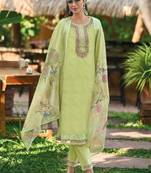 Floral embroidered pure cotton straight kurta with trousers & dupatta