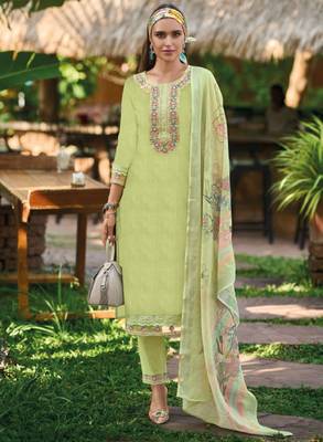 Floral embroidered pure cotton straight kurta with trousers & dupatta 3