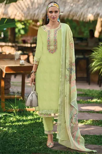 Floral embroidered pure cotton straight kurta with trousers & dupatta