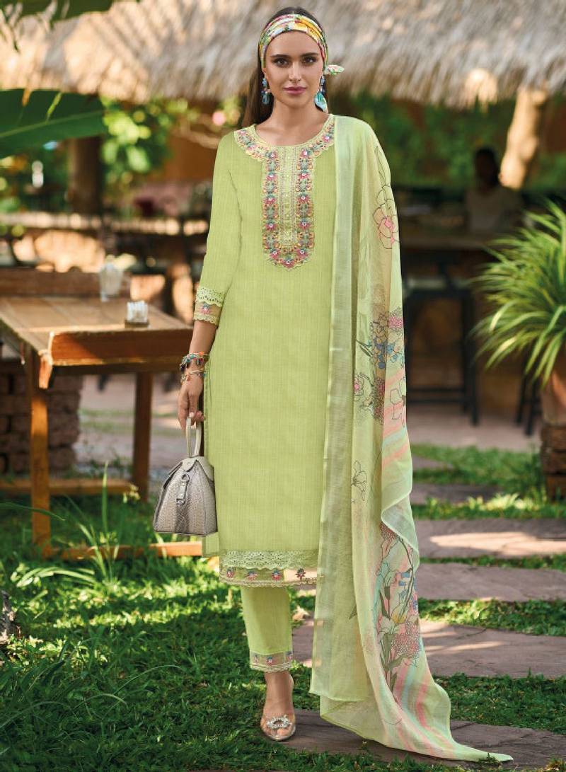Floral embroidered pure cotton straight kurta with trousers & dupatta