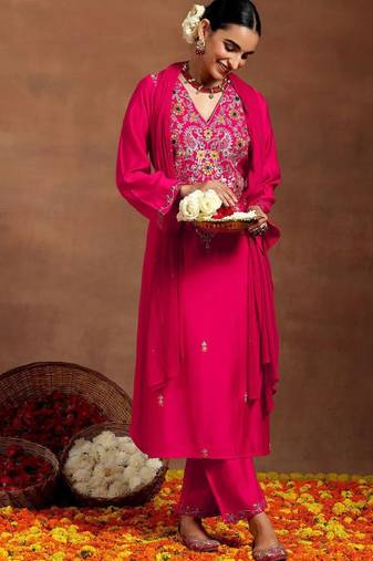 Ethnic motifs embroidered sequinned v-neck straight kurta with trouser & dupatta