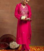 Ethnic motifs embroidered sequinned v-neck straight kurta with trouser & dupatta