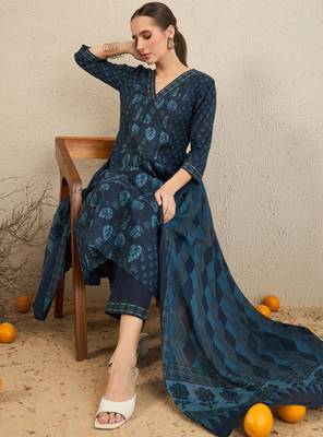 Floral printed pure cotton kurta with trousers & dupatta 1