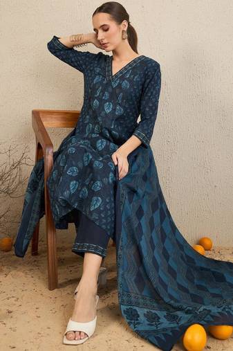 Floral printed pure cotton kurta with trousers & dupatta